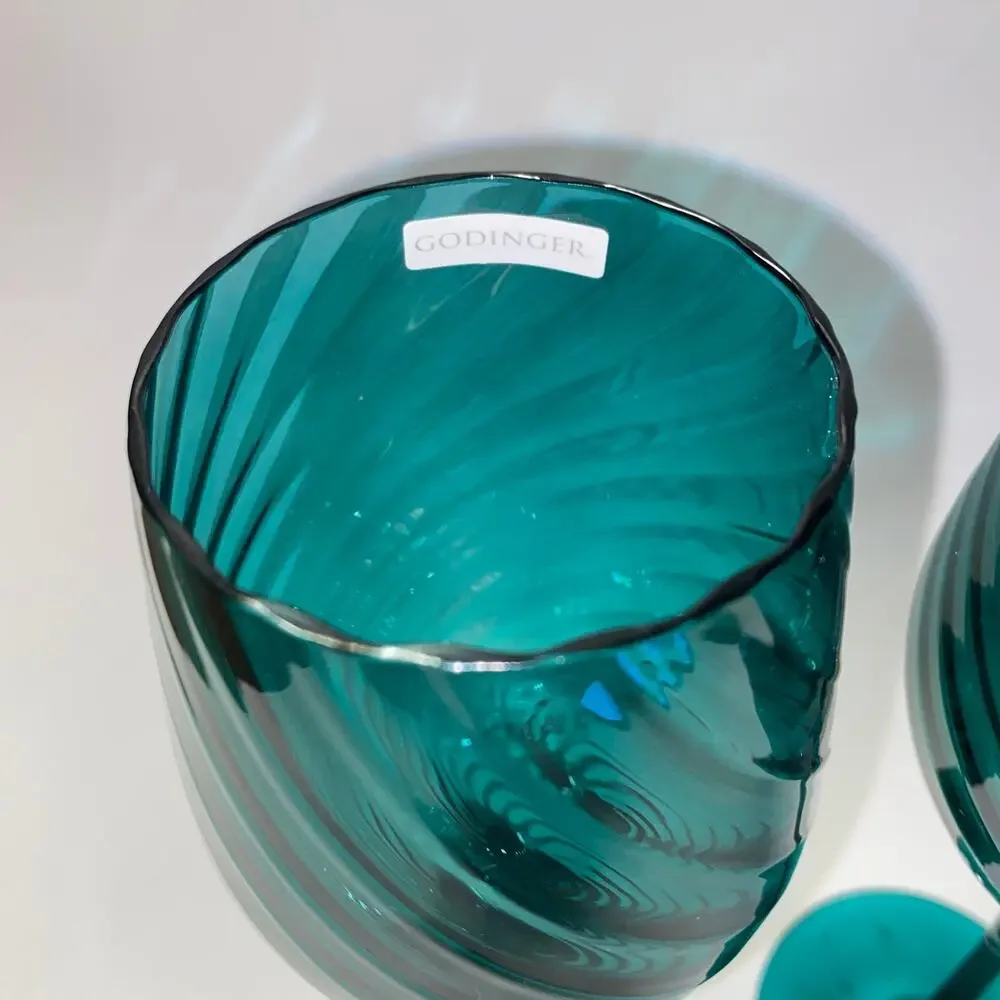 New Godinger RARE Vintage Blue Swirl Textured Glass Wine Glasses Glass Set of 2